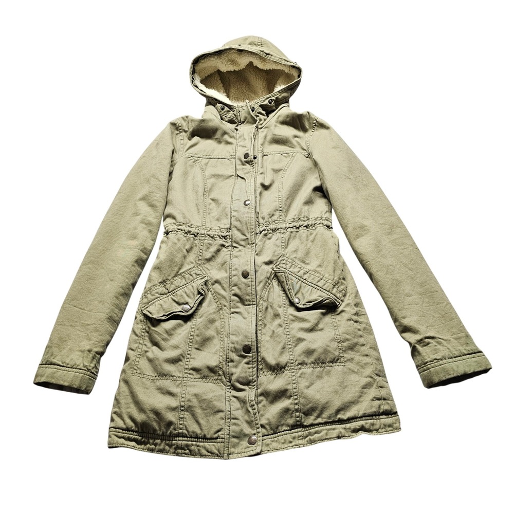 Hollister Utility Parka Jacket XS Olive Green Faux Shearling Lined Hooded Canvas